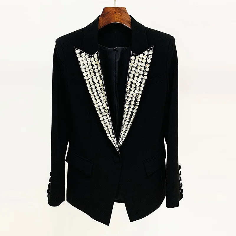 Long Sleeve Crystal Lapel Blazer Black