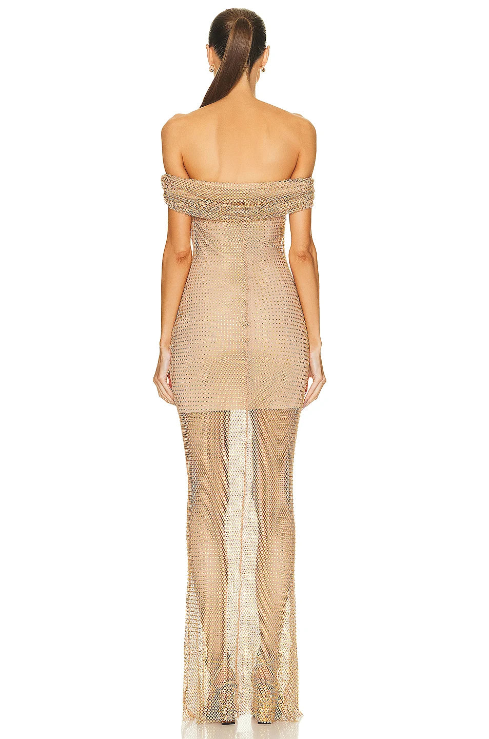 Draped Bardot Crystal Maxi Dress Nude