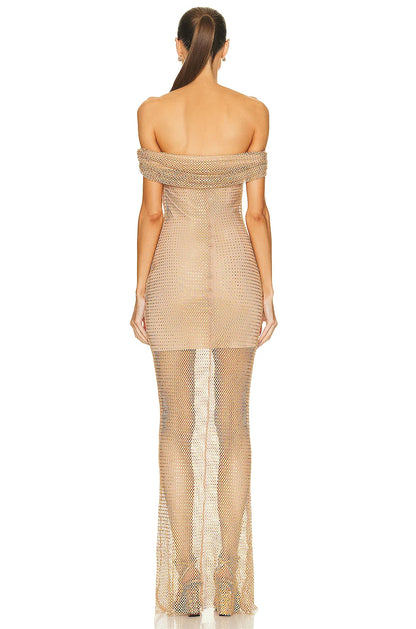 Draped Bardot Crystal Maxi Dress Nude