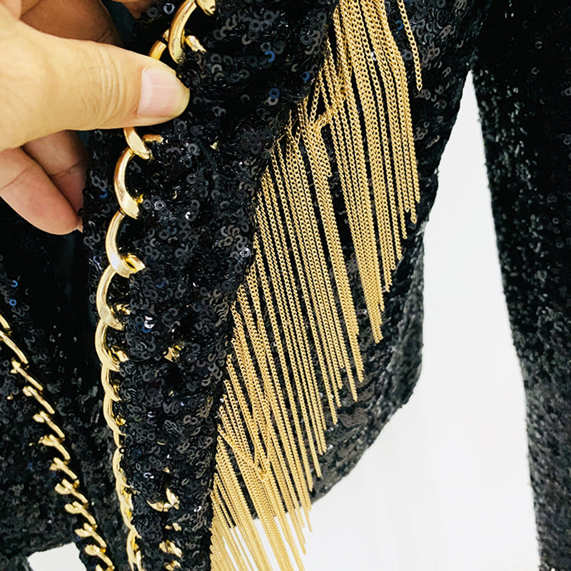 Long Sleeve Sequin Chain Tassel Jacket Black