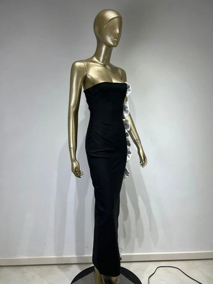 Strapless Bow Detail Maxi Velvet Dress Black White HV1944