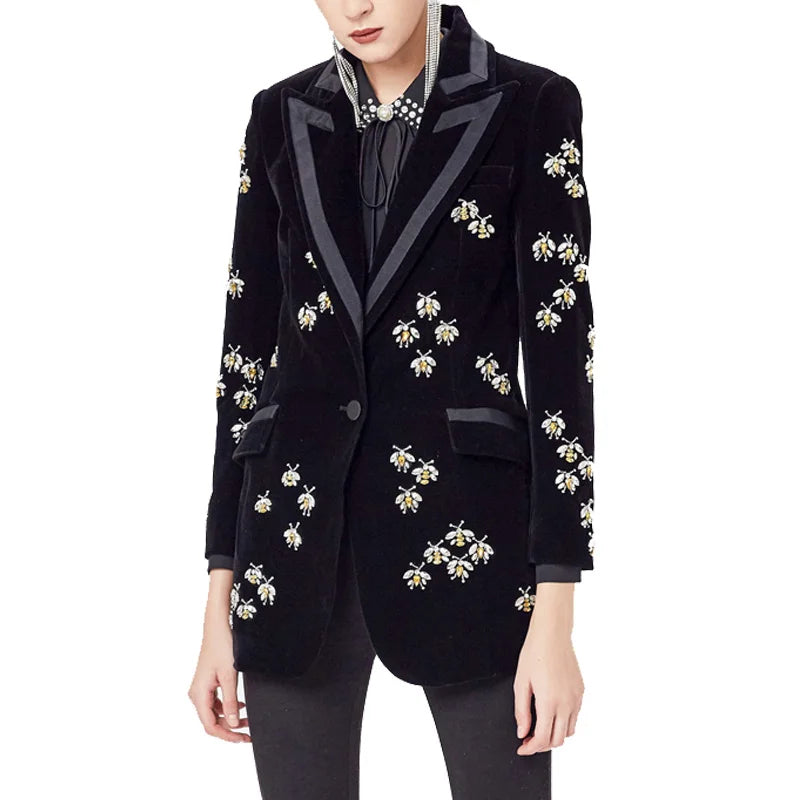 Long Sleeve Crystal Bee Velvet Blazer Black