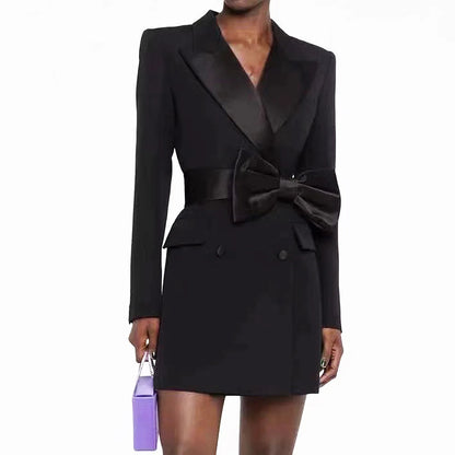 Long Sleeve Bow Blazer Dress Black