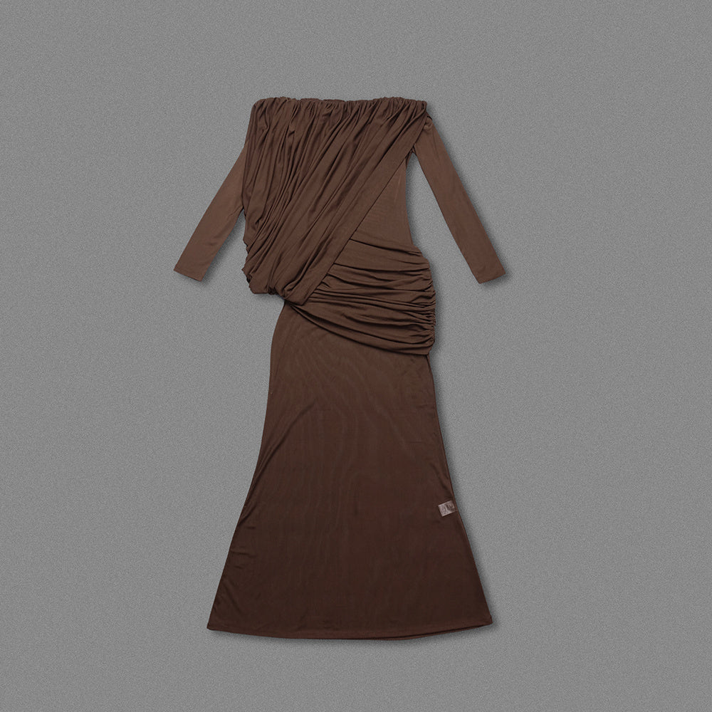 Long Sleeve Draped Bardot Maxi Dress Brown HV0066