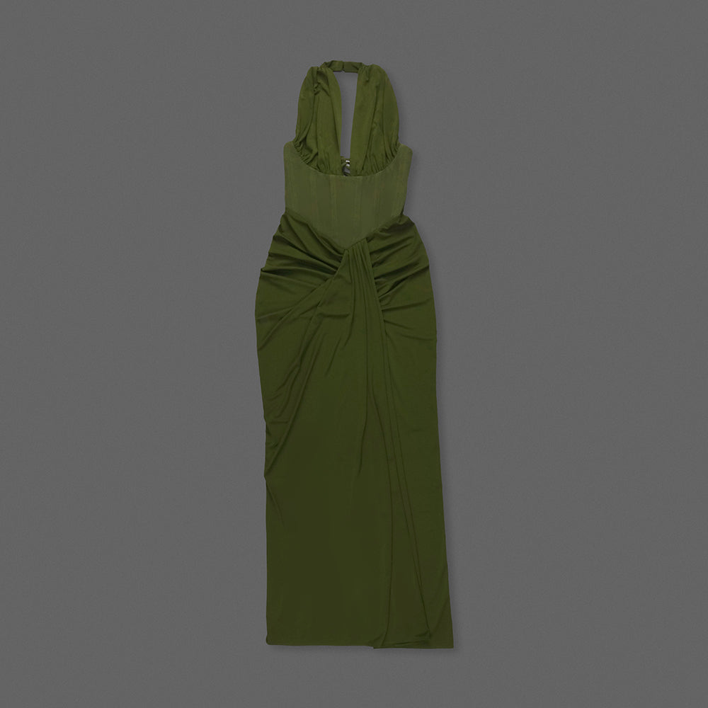 Halter Draped Corset Maxi Dress Green HV0125