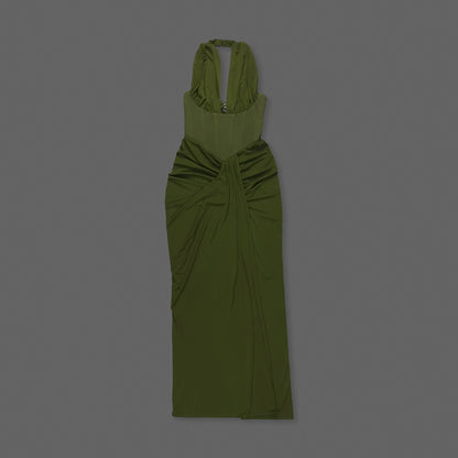 Halter Draped Corset Maxi Dress Green HV0125