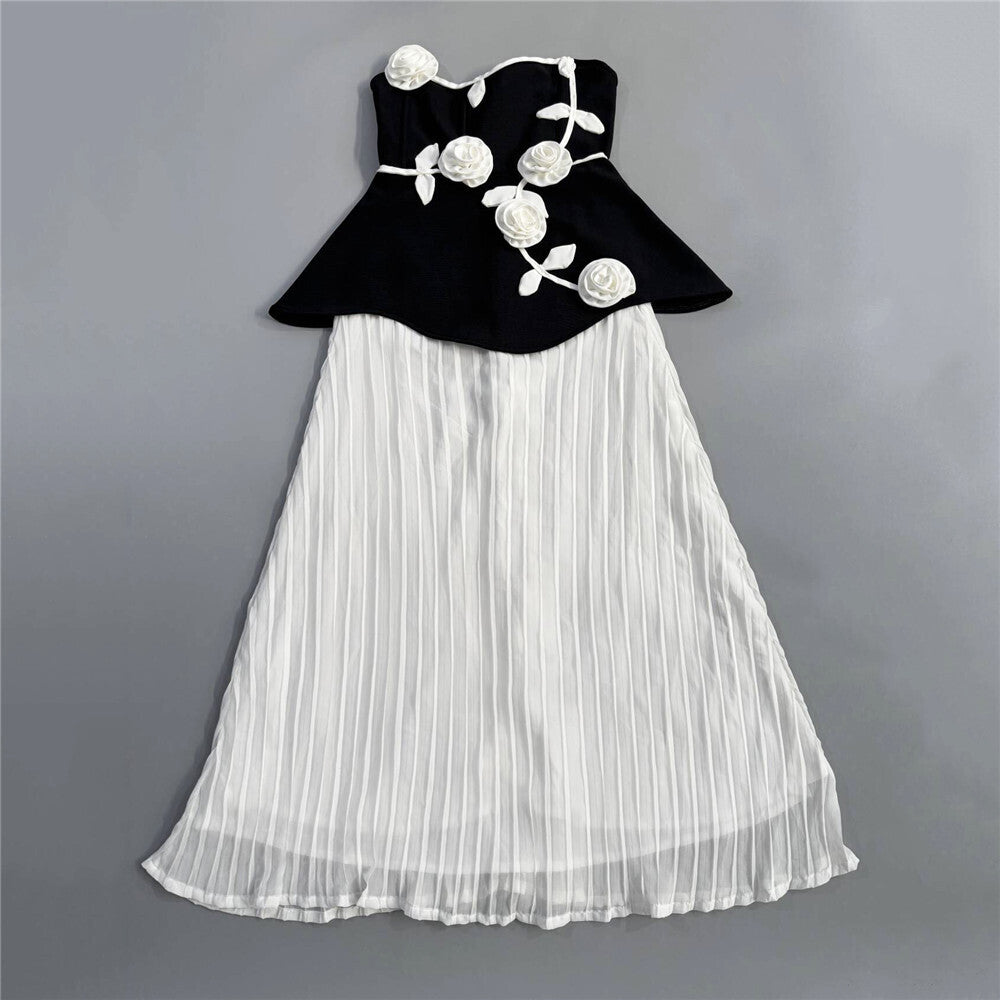 Strapless Floral Peplum Pleated Midi Dress Black White HV2612