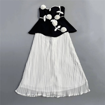Strapless Floral Peplum Pleated Midi Dress Black White HV2612
