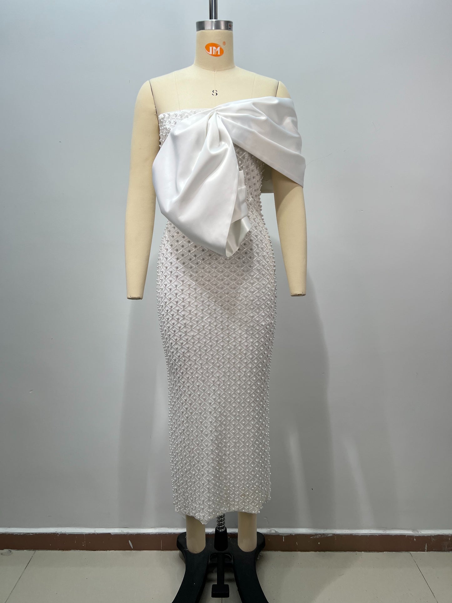 Draped Bardot Pearl Embellished Maxi Dress White HV3162