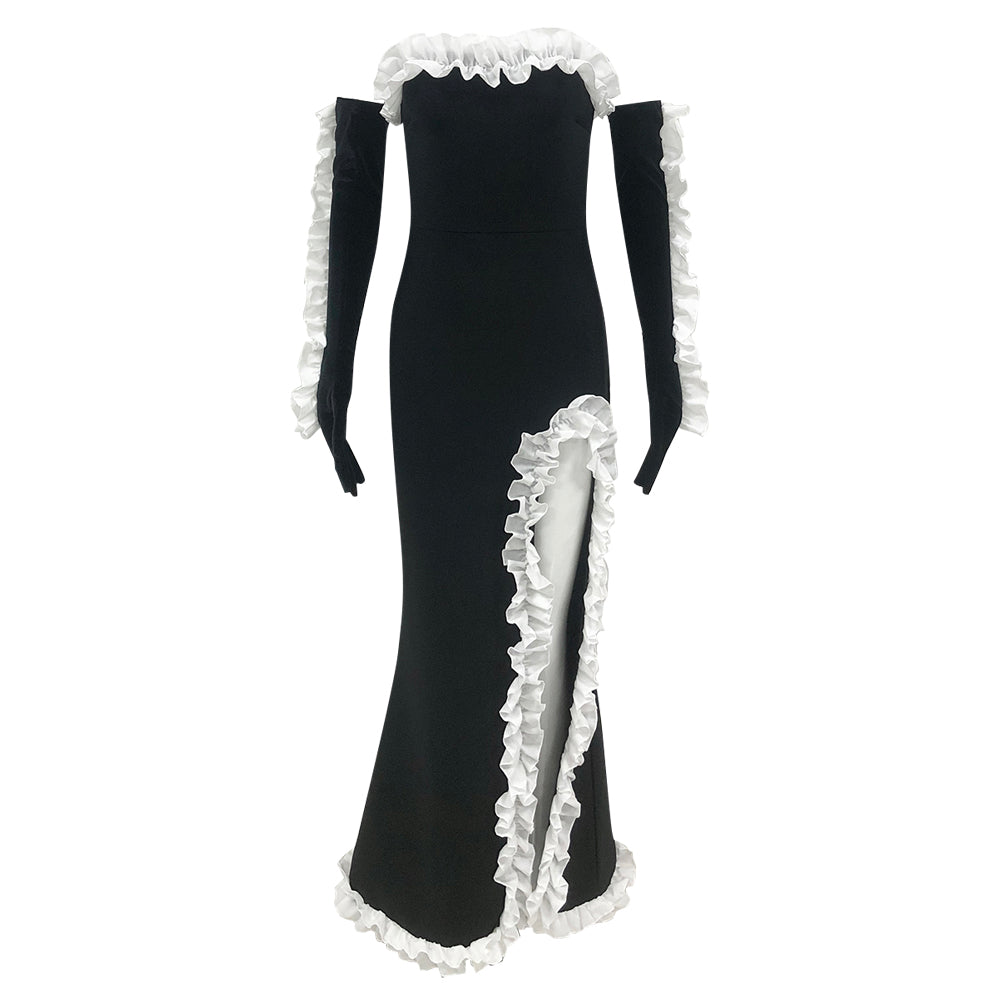 Strapless Ruffle Detail Maxi Velvet Dress Black White HV1399