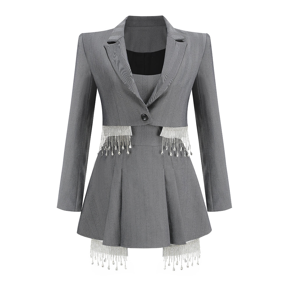 Long Sleeve Strapless Crystal A Line Two Piece Blazer  HV1385