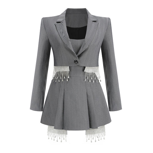 Long Sleeve Strapless Crystal A Line Two Piece Blazer  HV1385