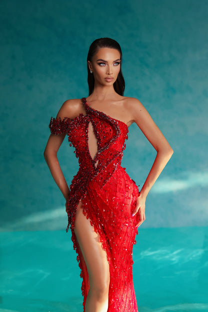 One Shoulder Crystal Sequin Maxi Dress Red HV1710