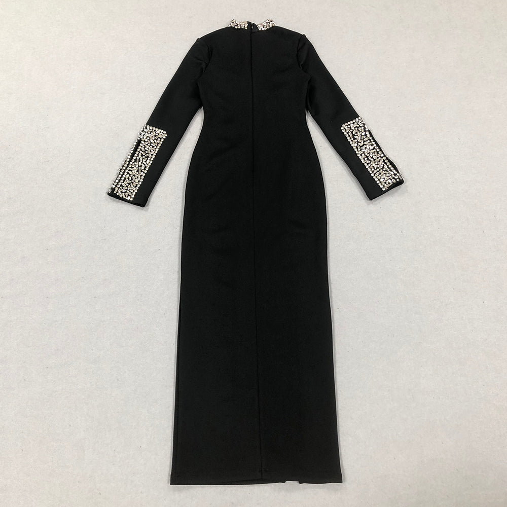 Long Sleeve Crystal Detail Midi Dress Black HV1687