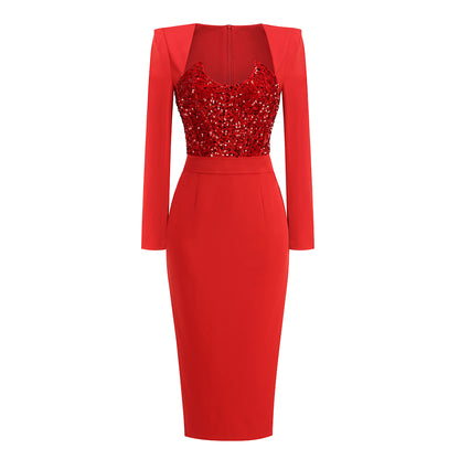 Long Sleeve Sequin Insert Midi Dress  HV1565