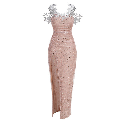 Leaf Detail Sequin Maxi Dress Rose Gold HV1450