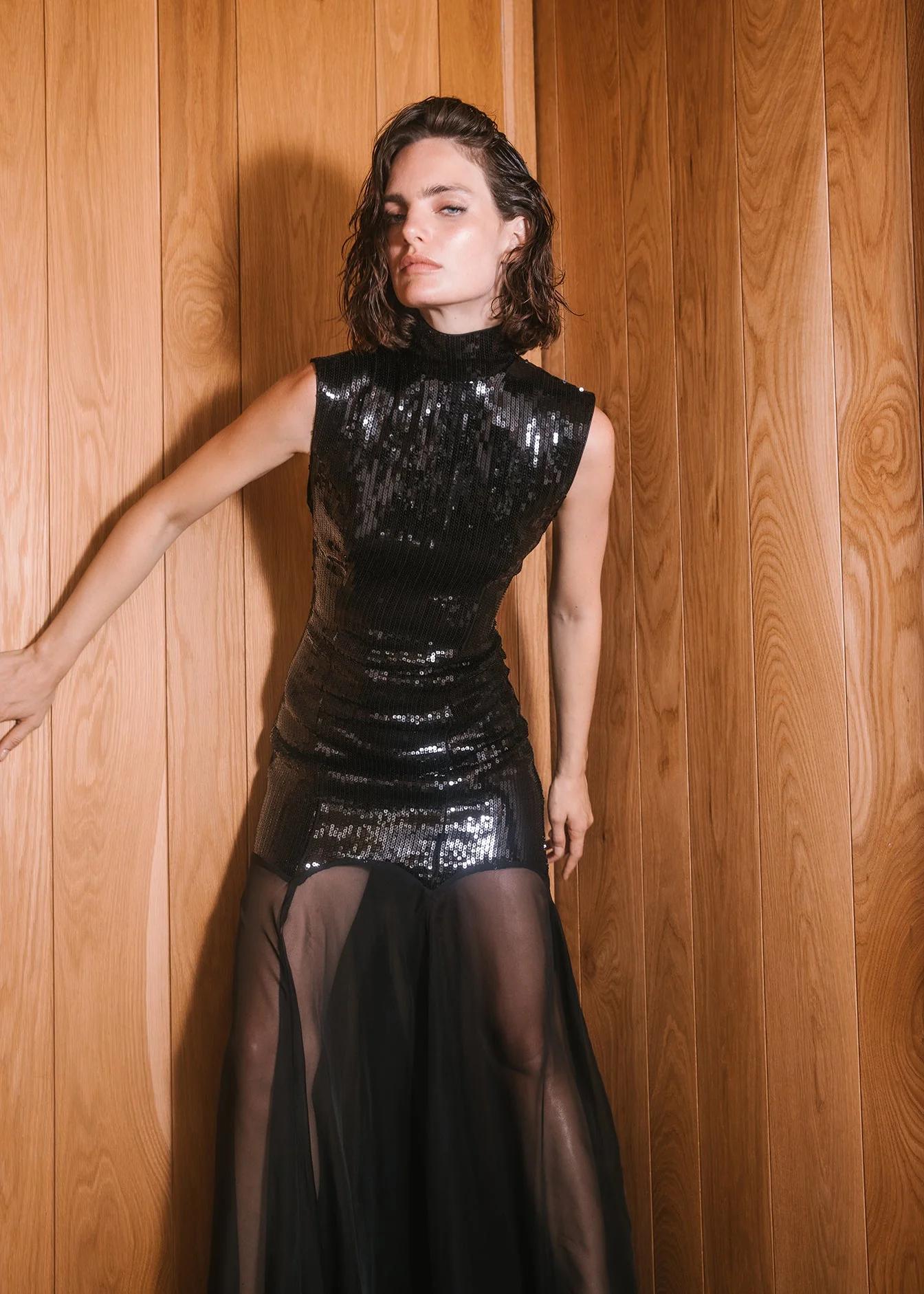 Sequin Mesh Insert Maxi Dress Black HV2197