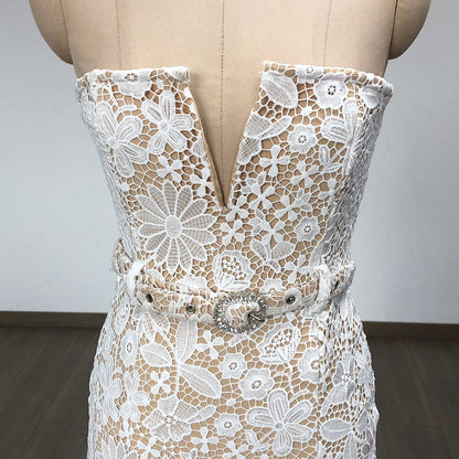 Strapless Floral Crochet Midi Dress White HV1778