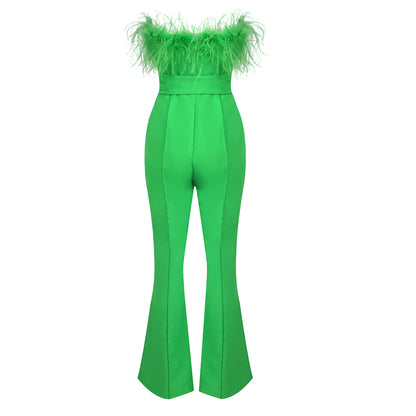 Strapless Feather Jumpsuit Green HV0009