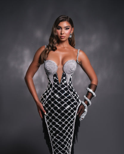 Tassel Bustier Sequin Maxi Dress Black Silver HV2927