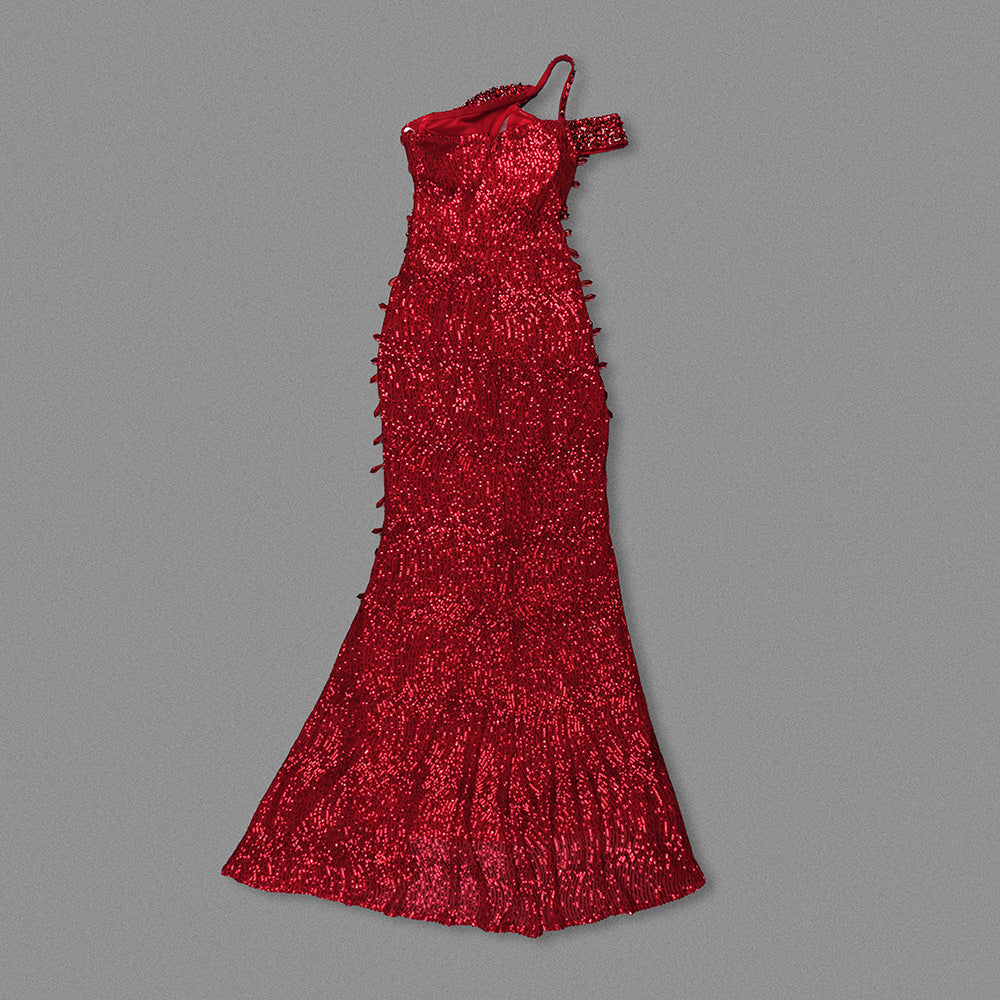 One Shoulder Crystal Sequin Maxi Dress Red HV1710