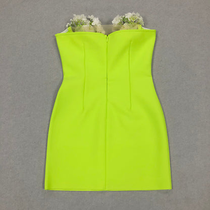 Strapless Floral Dress Neon Green HV1596