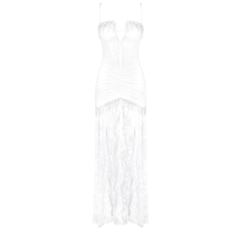Lace Ruched Corset Maxi Dress White HV2628