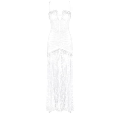 Lace Ruched Corset Maxi Dress White HV2628