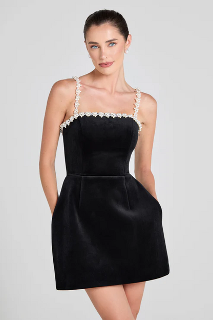 Pearl Detail A Line Dress Black