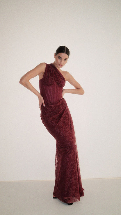 One Shoulder Draped Lace HV2677