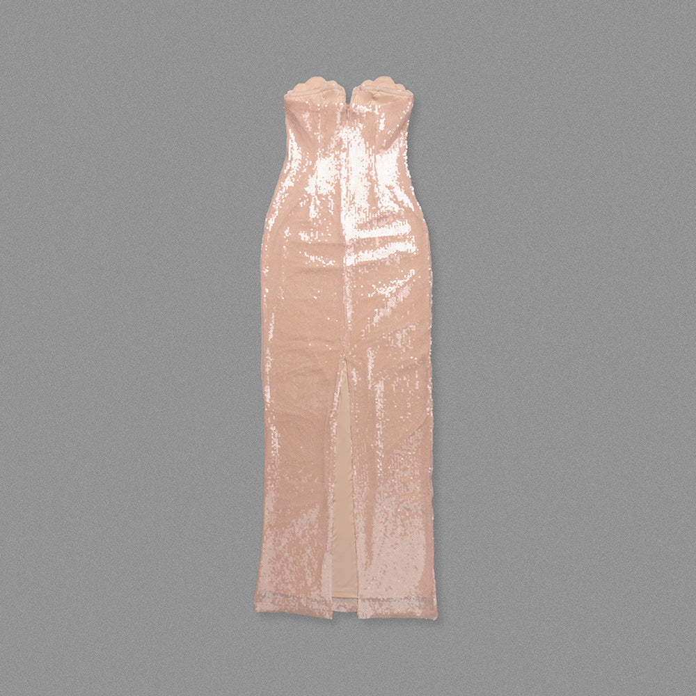 Strapless Shell Bustier Sequin Maxi Dress Coral Pink HV0053