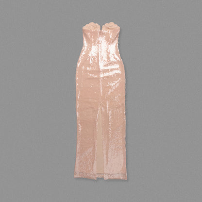 Strapless Shell Bustier Sequin Maxi Dress Coral Pink HV0053