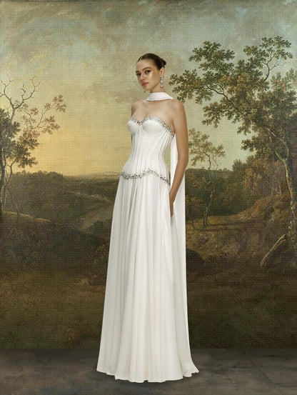 Strapless Embellished Bustier A Line Maxi Dress White HV3181