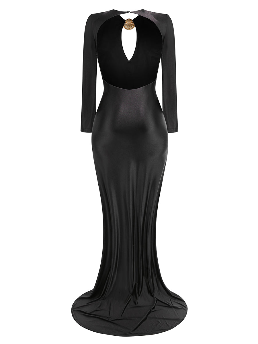 Long Sleeve Backless Maxi Dress Black HV2208