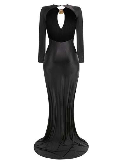 Long Sleeve Backless Maxi Dress Black HV2208