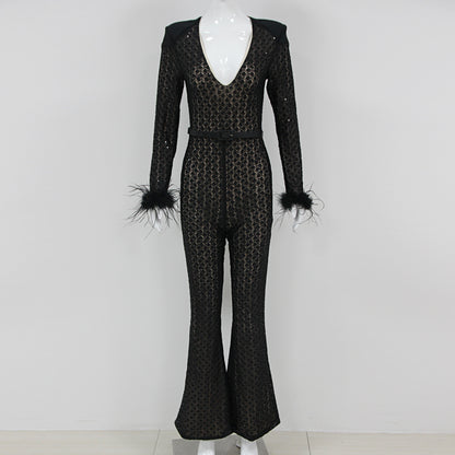 Feather Long Sleeve Sequin Jumpsuit Black HV1470