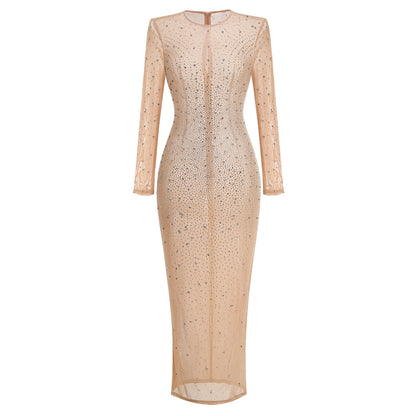 Long Sleeve Crystal Mesh Maxi Dress Nude HV2085