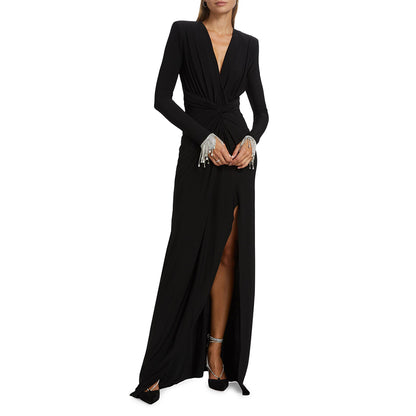 Long Sleeve Crystal Detail Draped Maxi Dress Black