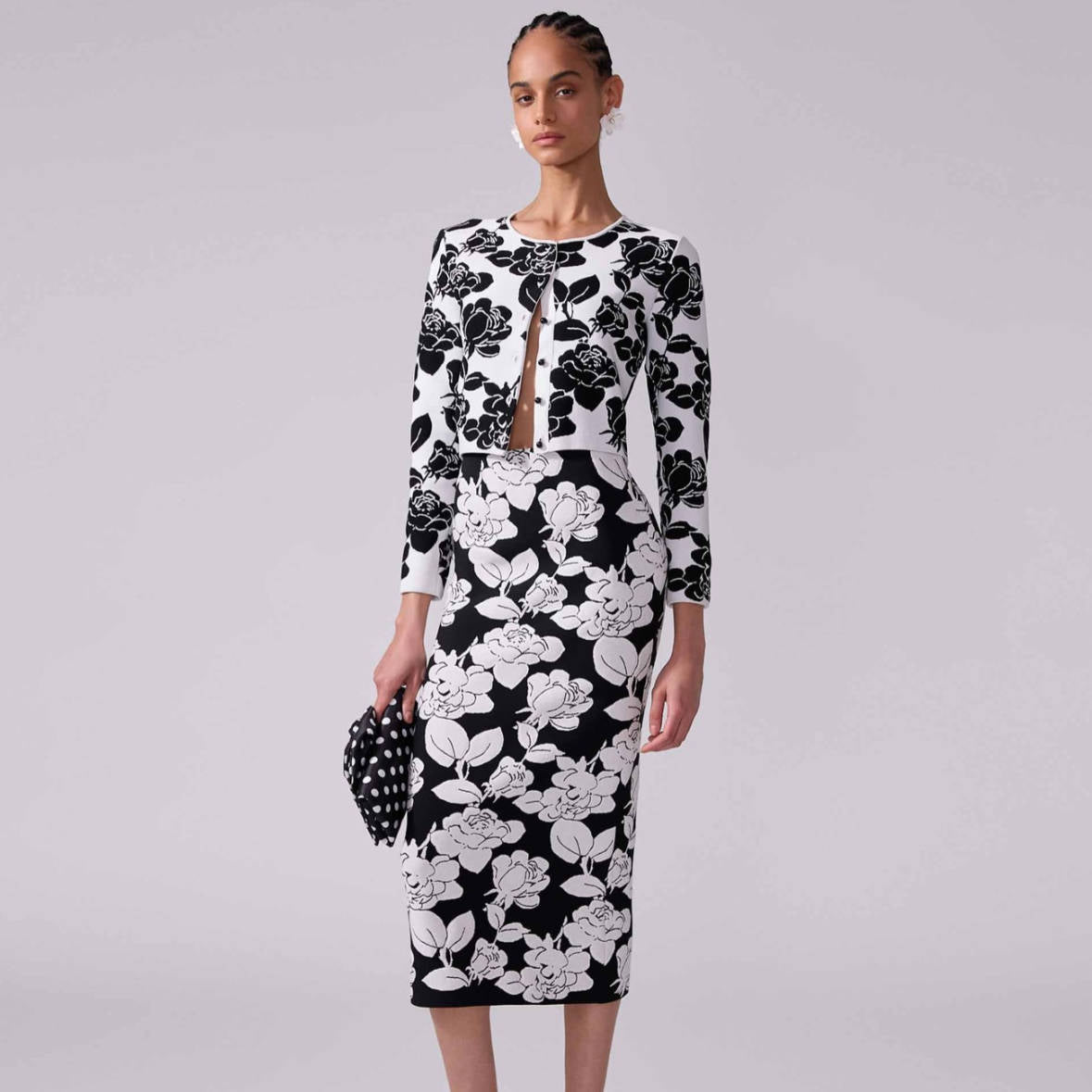 Long Sleeve Floral Two Piece Midi Dress Black White  HV2154