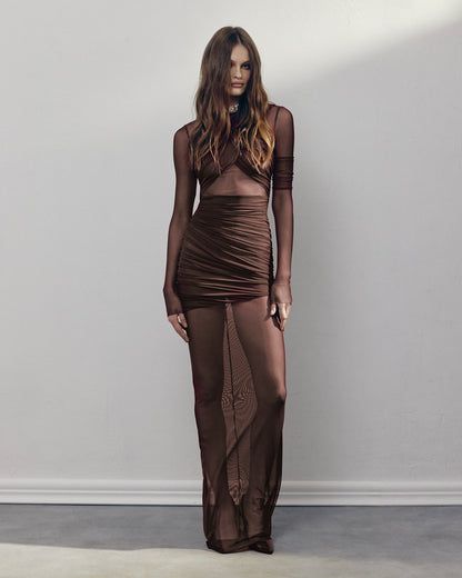 Long Sleeve Mesh Insert Draped Maxi Dress Brown HV1977