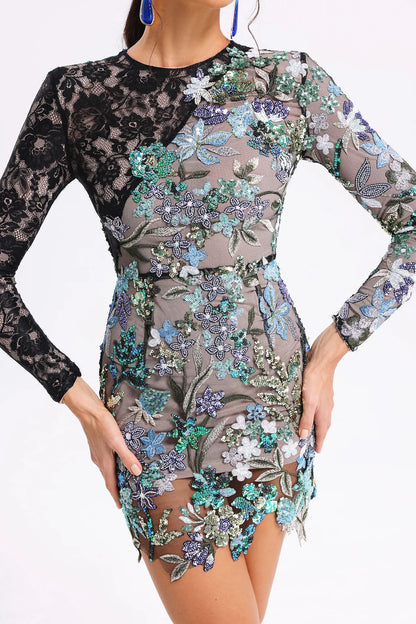 Long Sleeve Lace Sequin Floral Dress HV1098