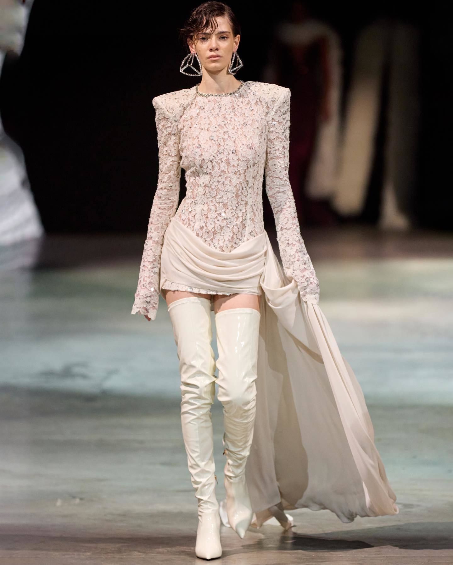 Long Sleeve Draped Sequin Lace Dress White HV0002