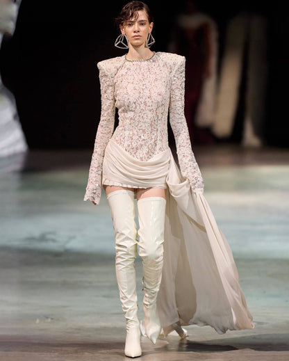 Long Sleeve Draped Sequin Lace Dress White HV0002