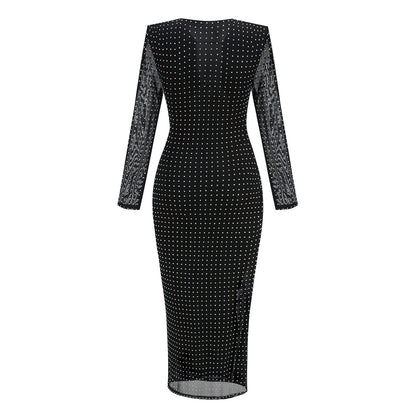 Long Sleeve Crystal Cut Out Midi Dress Black HV1191