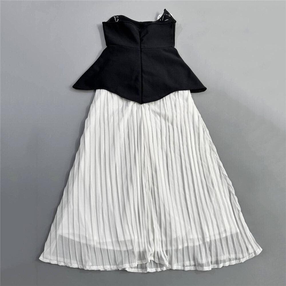 Strapless Floral Peplum Pleated Midi Dress Black White HV2612