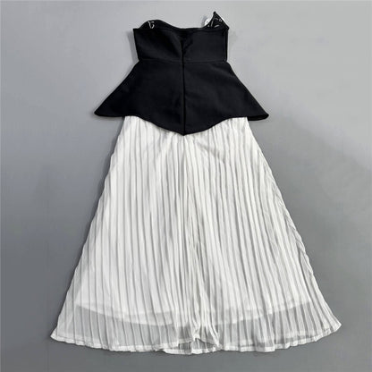 Strapless Floral Peplum Pleated Midi Dress Black White HV2612