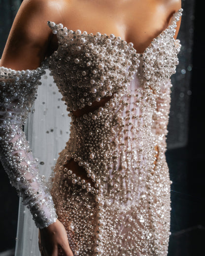 Strapless Pearl Sequin Structured Maxi Dress Nude HV2929