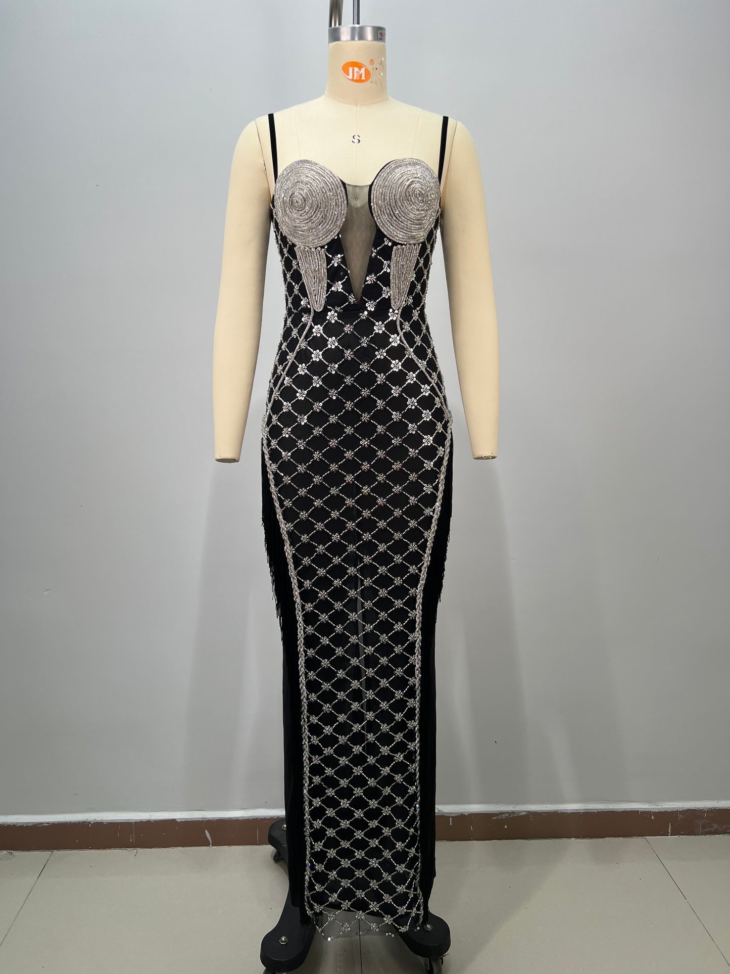 Tassel Bustier Sequin Maxi Dress Black Silver HV2927
