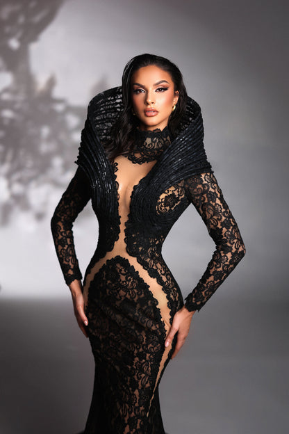 Long Sleeve Lace Maxi Dress Black HV1658