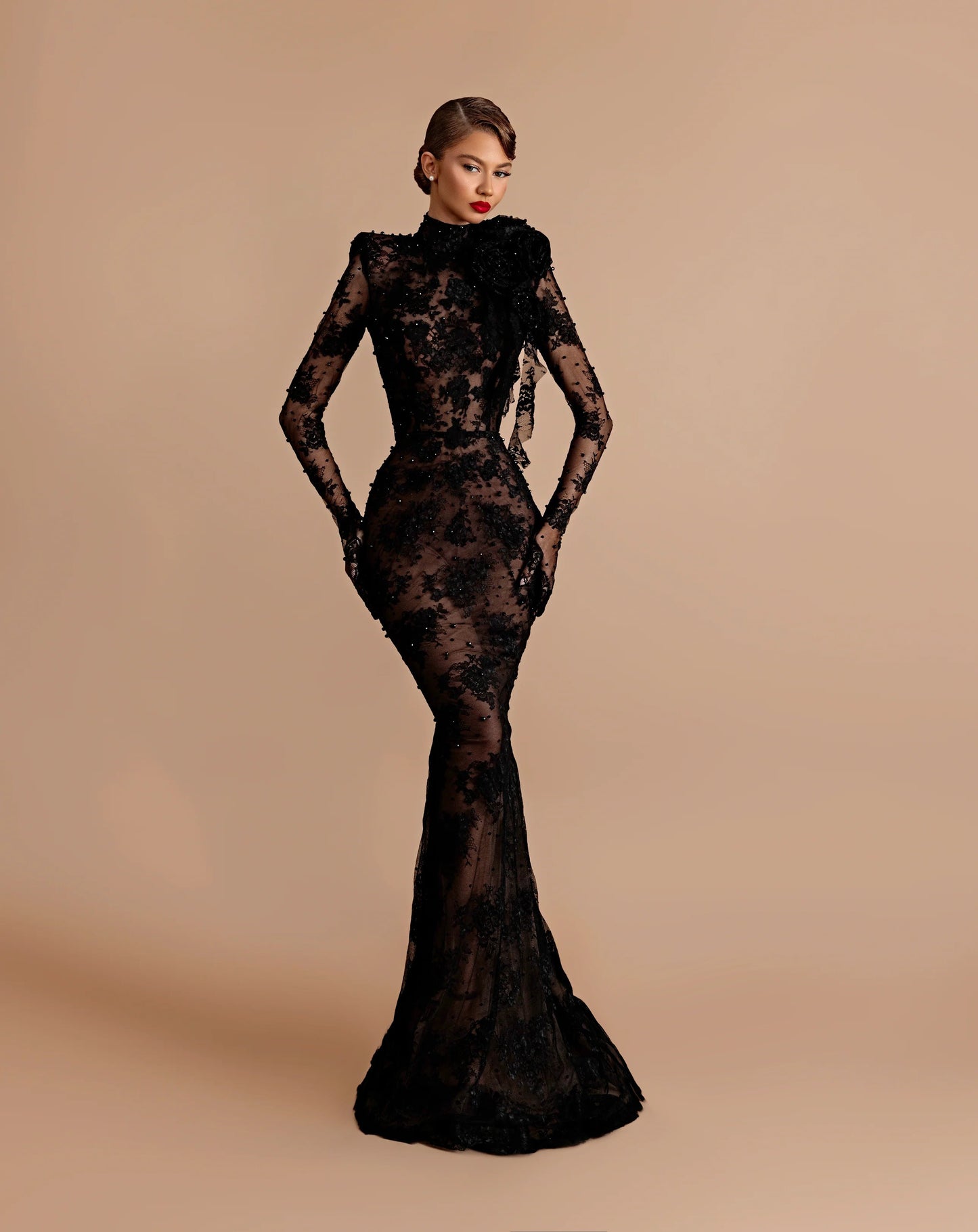 Long Sleeve Lace Backless Maxi Dress Black Nude HV2903